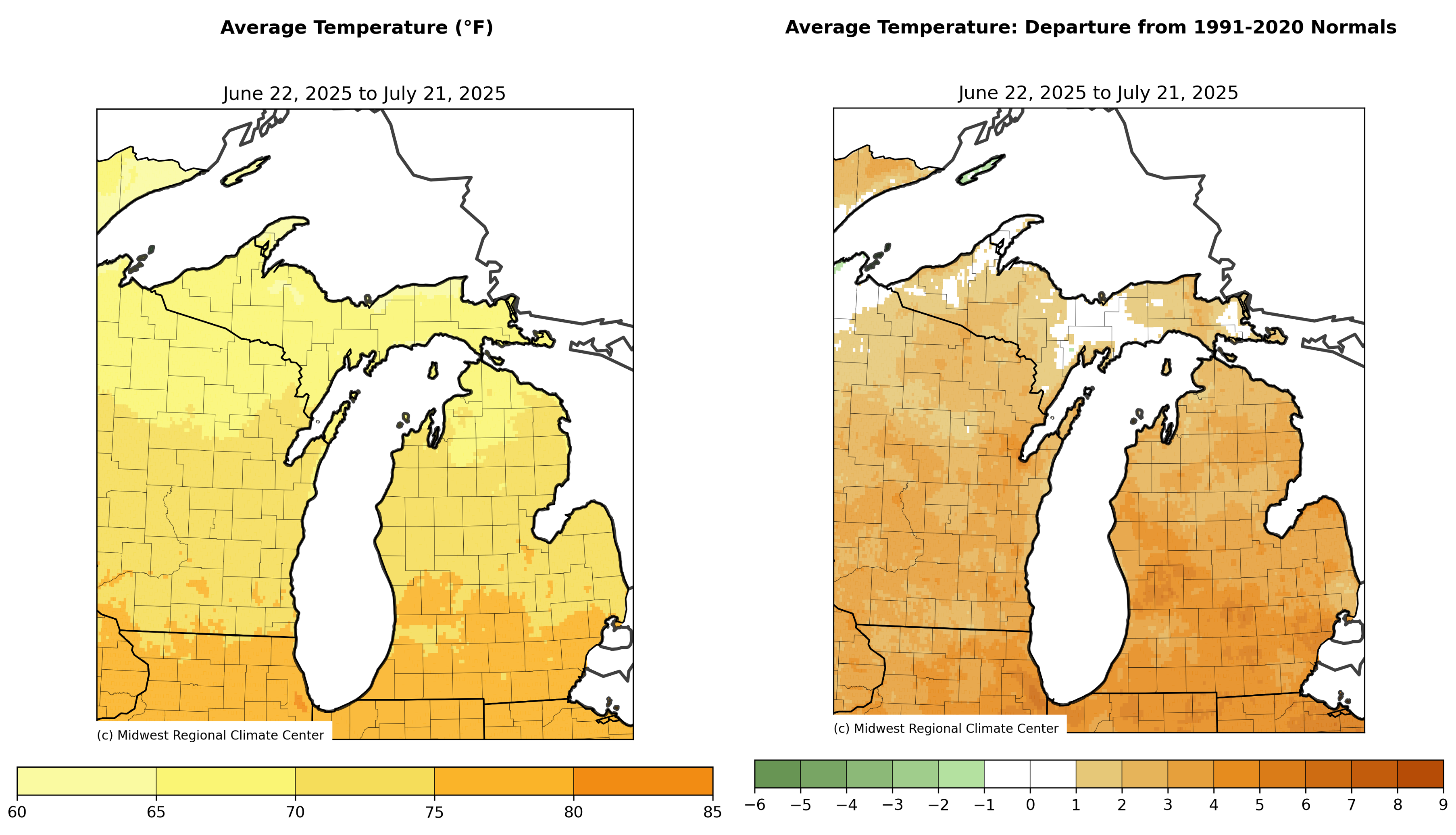 Average Temperature and Departure from Normal (June 22–July 21, 2025) Left Panel: Map showing average daily temperatures in Michigan ranging from 65°F to 85°F. Warmer temperatures are in the southern part of the state.  Right Panel: Temperature departure from the 1991–2020 normals. Most of Michigan shows above-average temperatures, with departures of 2–6°F, especially in southern areas shaded in orange.